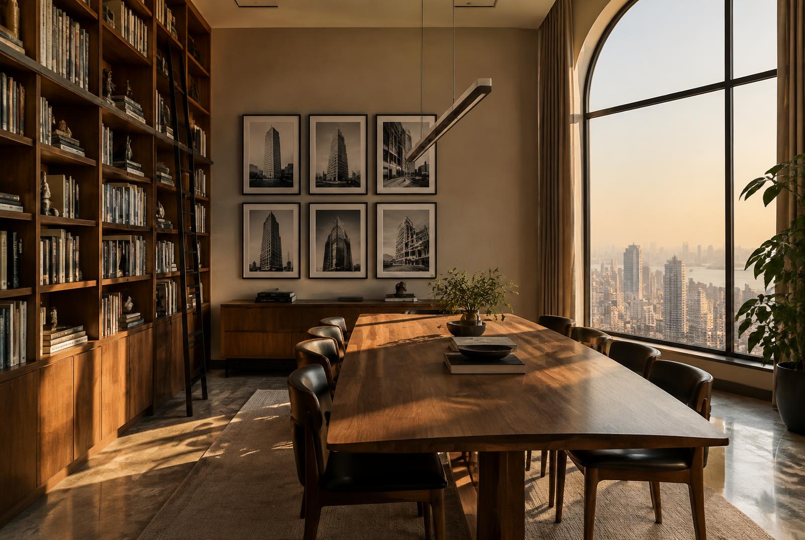 A quiet advisory studio with a long walnut table
