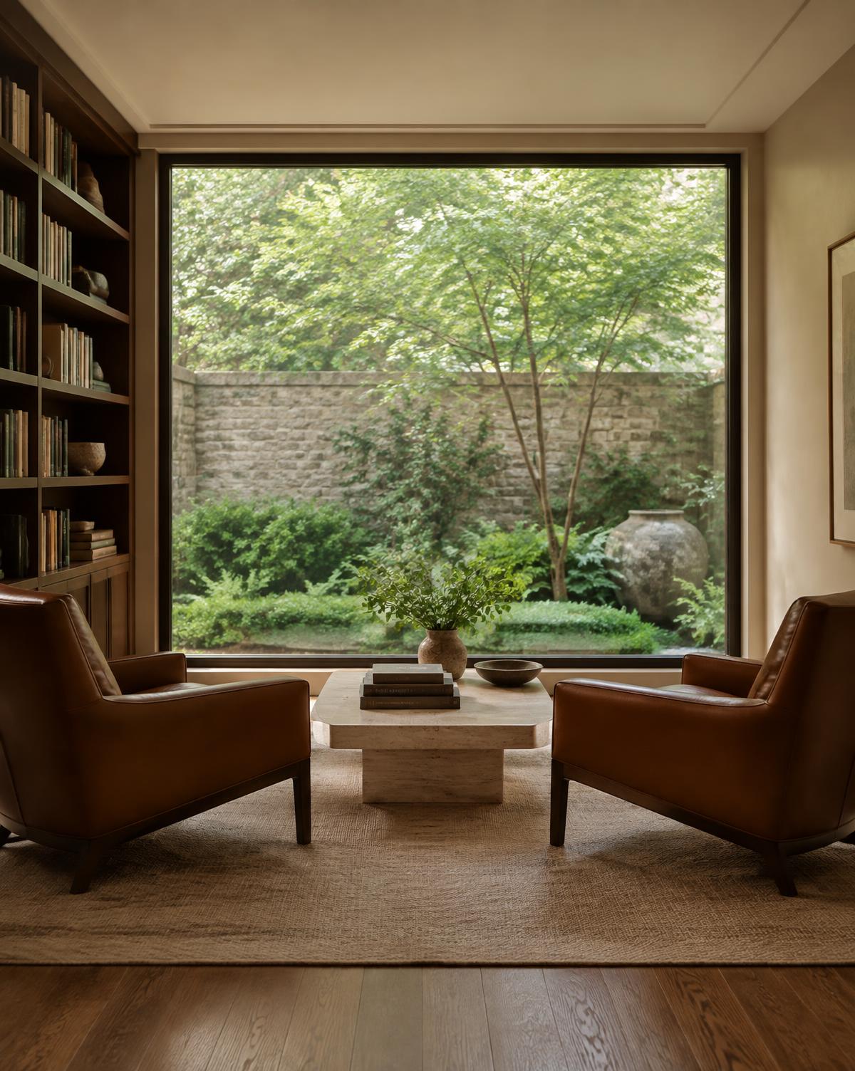 Two leather chairs facing a window onto a walled garden