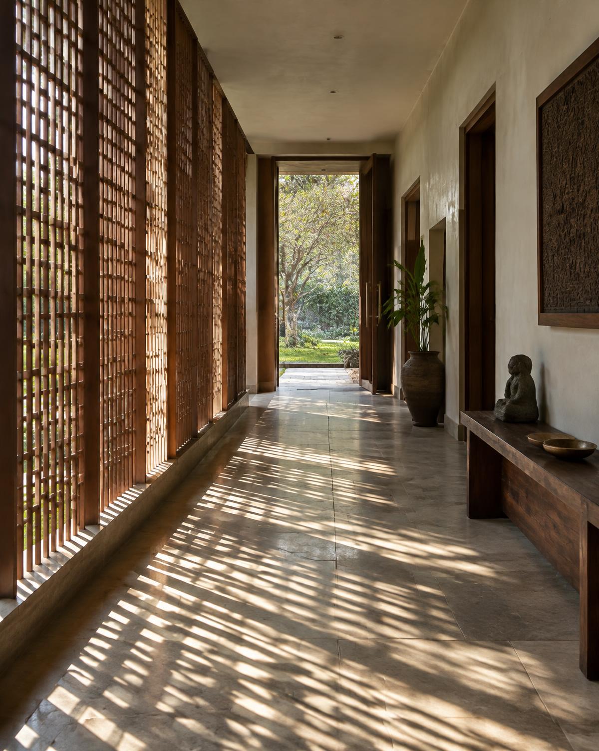 Sunlit corridor with a timber screen
