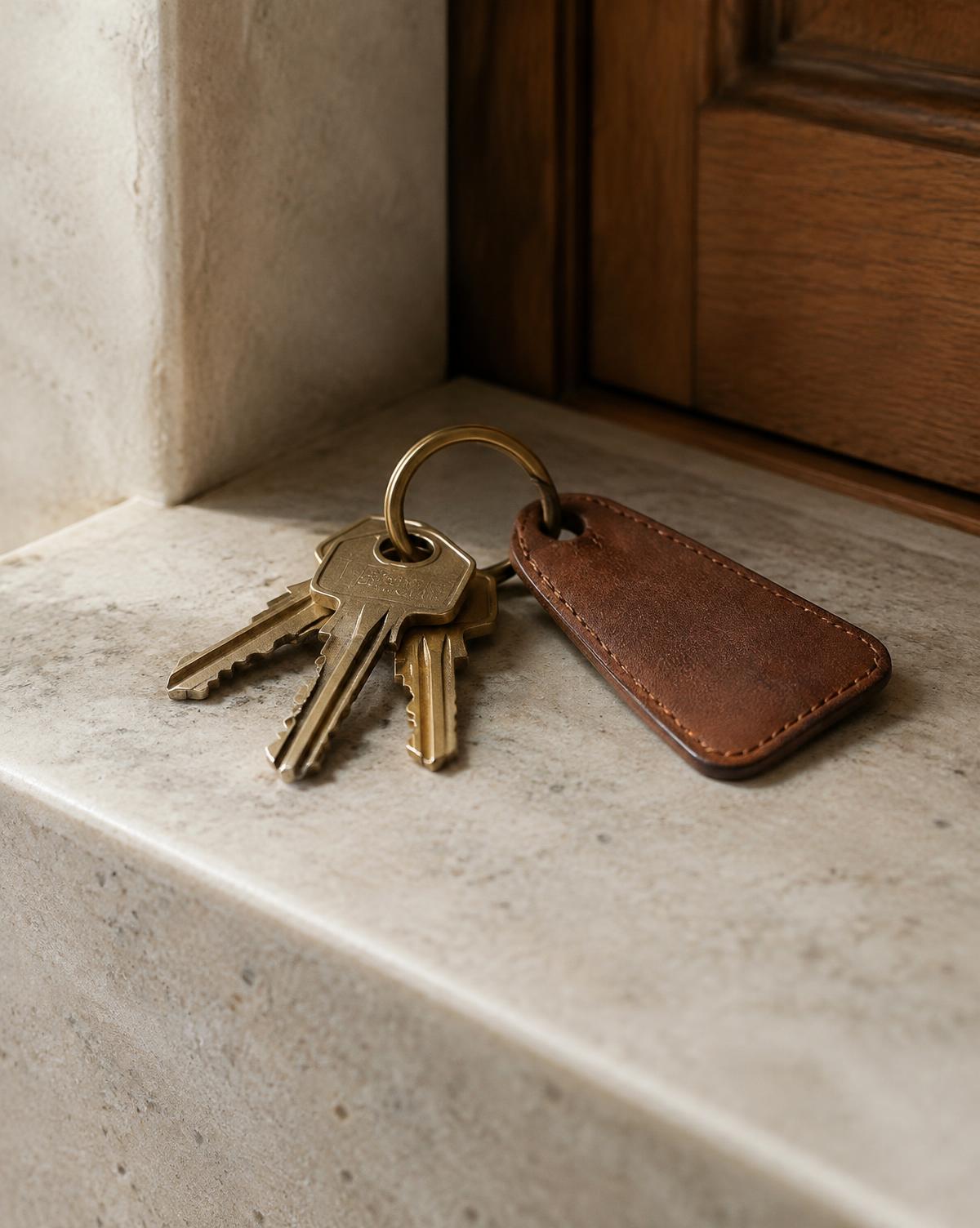 Brass keys on a stone ledge
