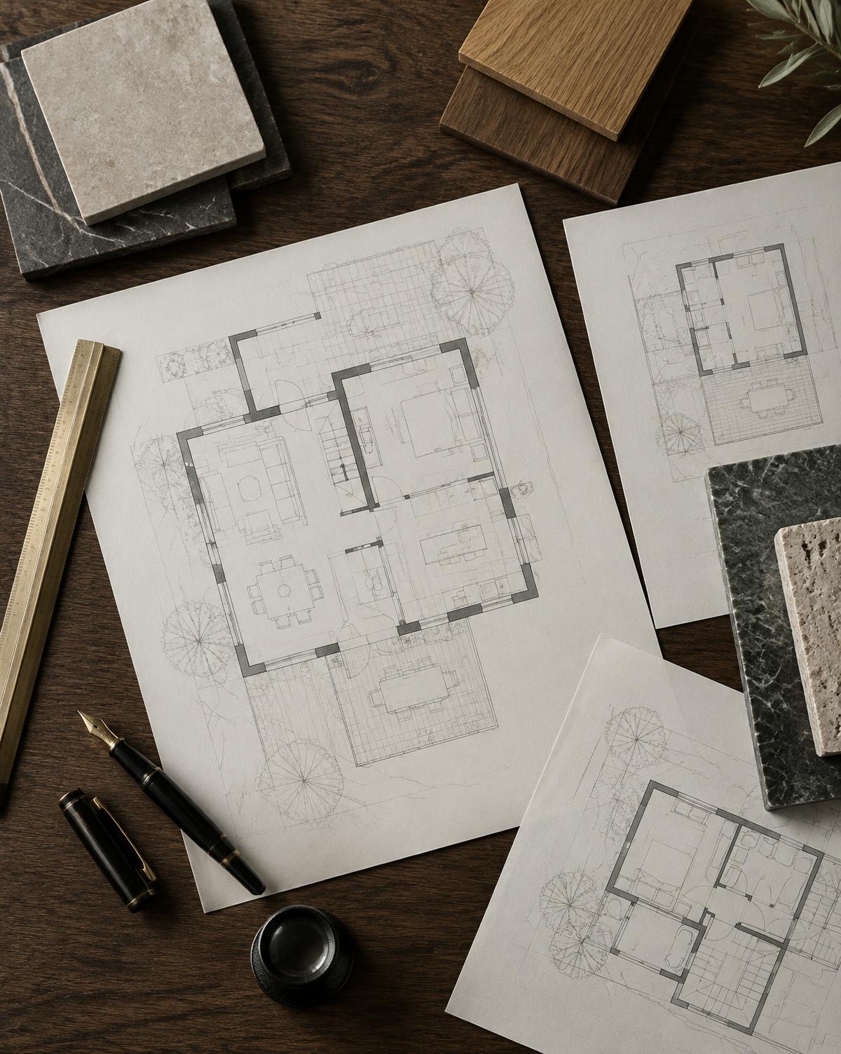 Floor plans and material samples on a desk