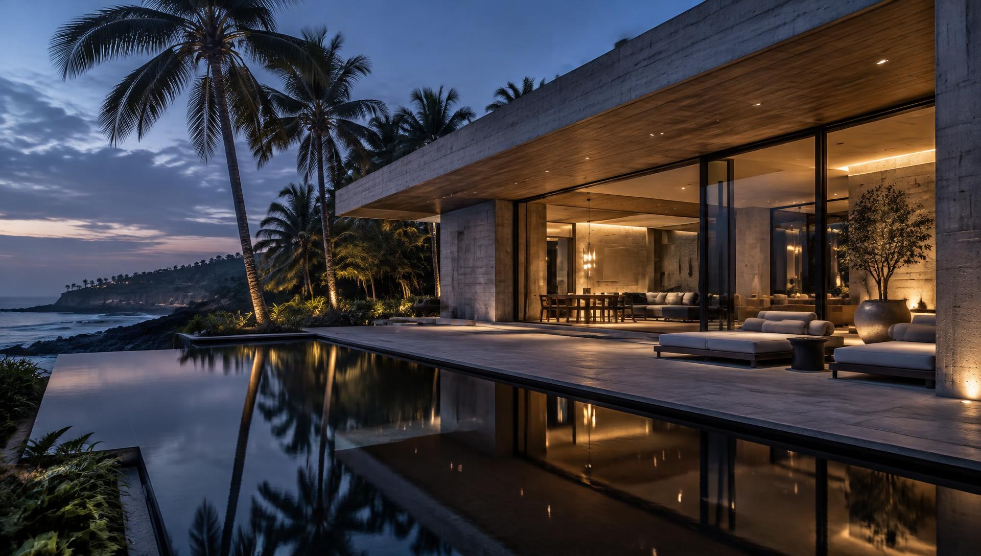 A concrete and glass residence beside a reflecting pool at dusk