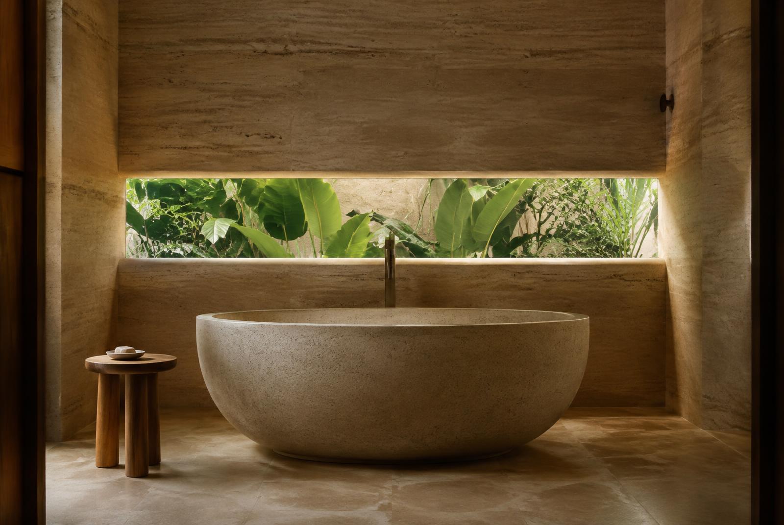 Stone bathtub beneath a slot window framing tropical plants
