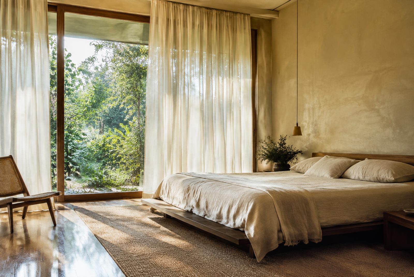 Primary bedroom with linen bedding and a garden window