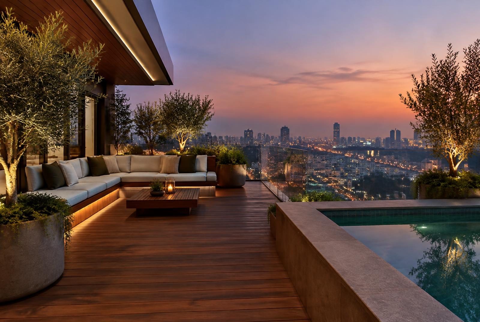 Rooftop terrace with teak deck, seating and pool at dusk
