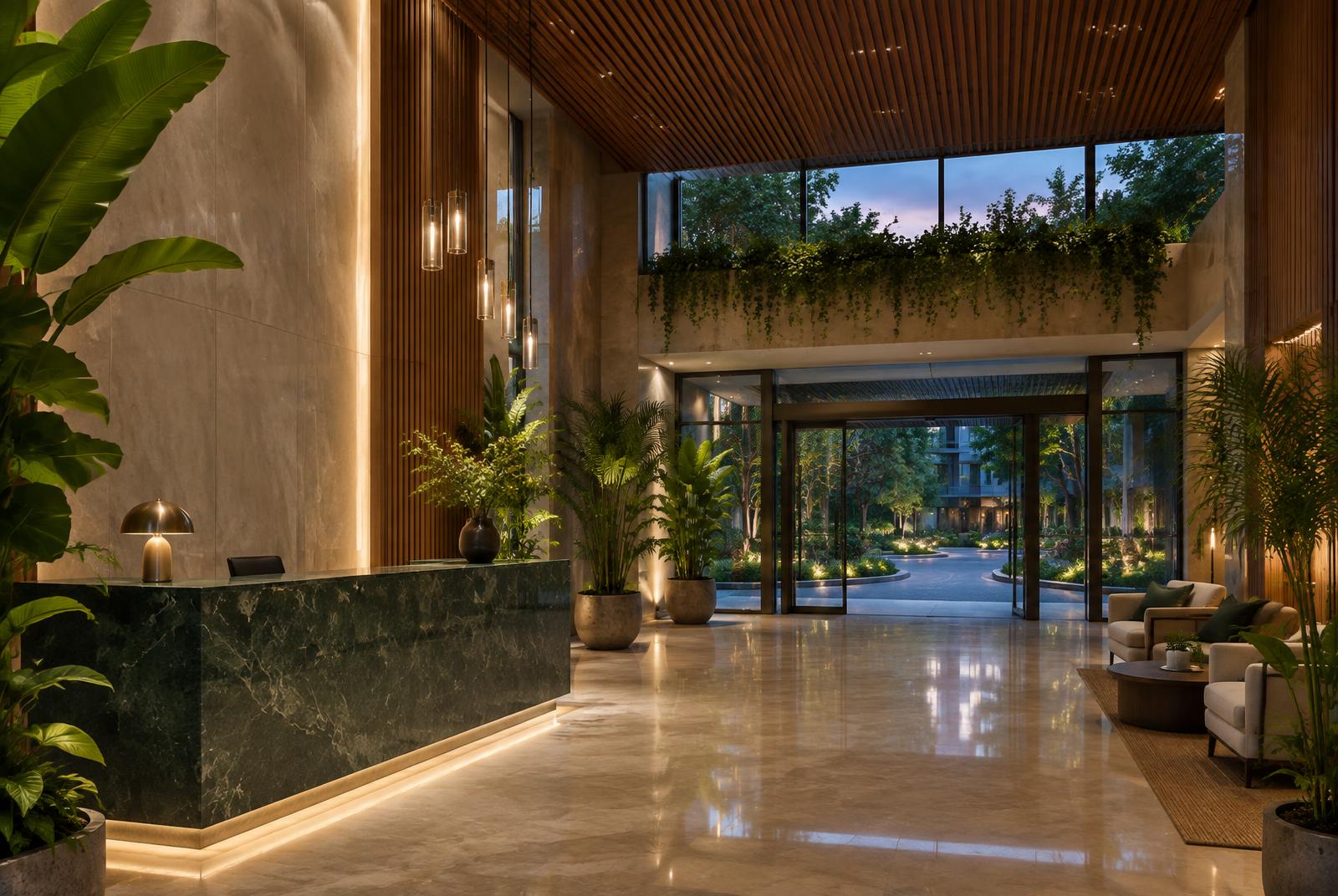 A calm residential lobby with a green marble desk and plants