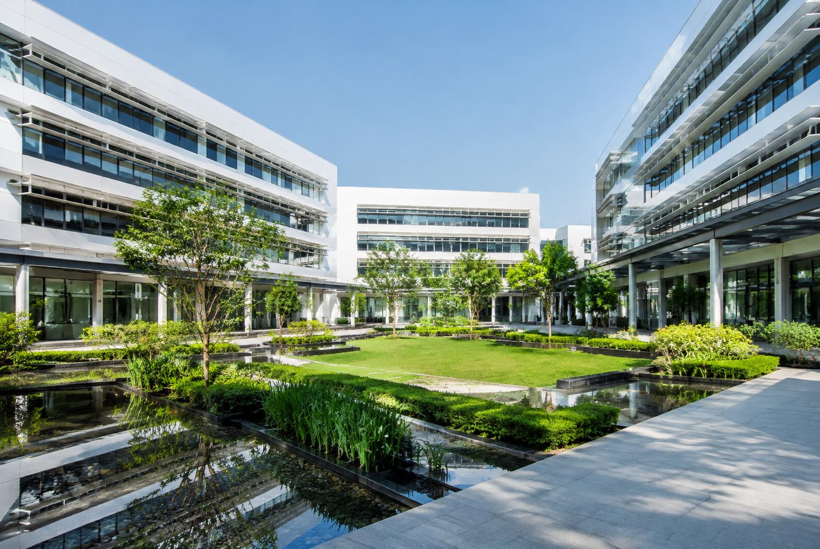 White office blocks with sunshades around a landscaped water court