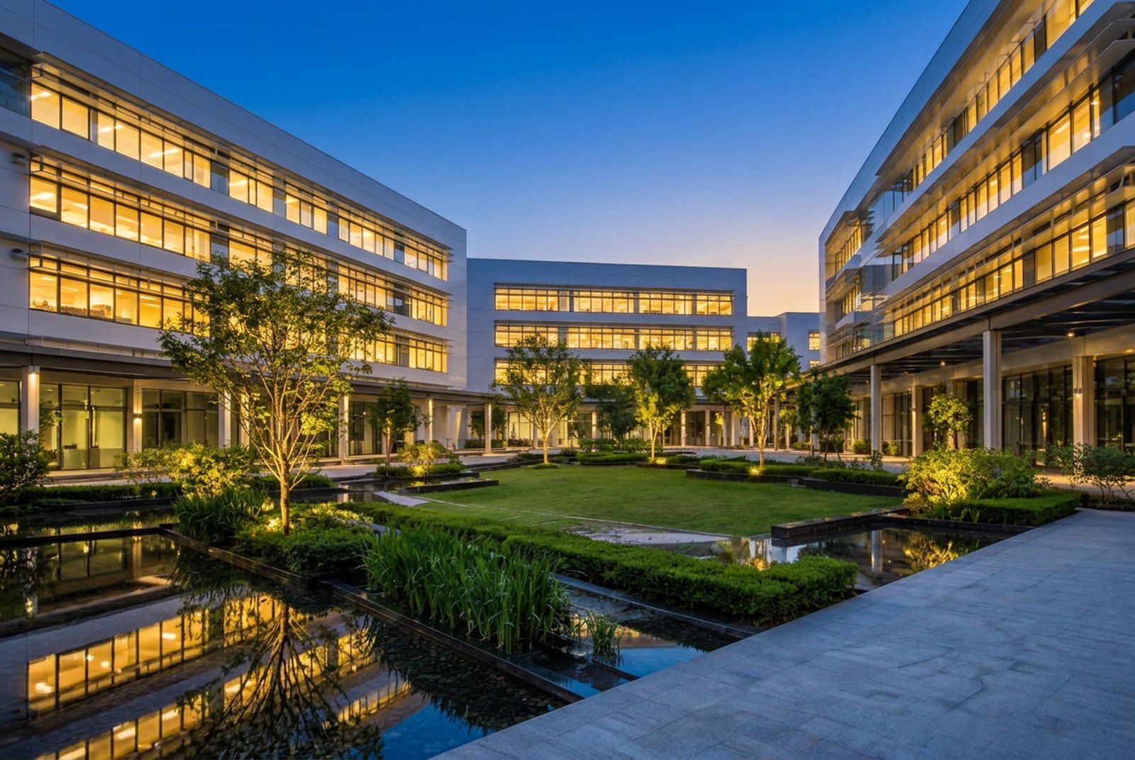 The same court at blue hour with the office floors lit and reflected in the pools