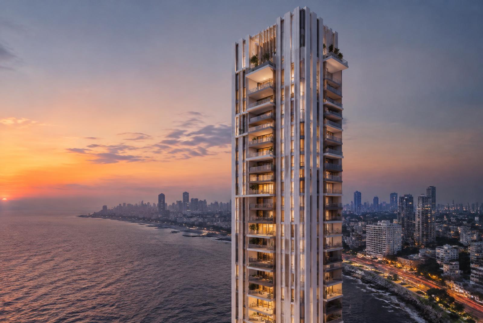 Architectural render of a slender white residential tower by the sea at dusk