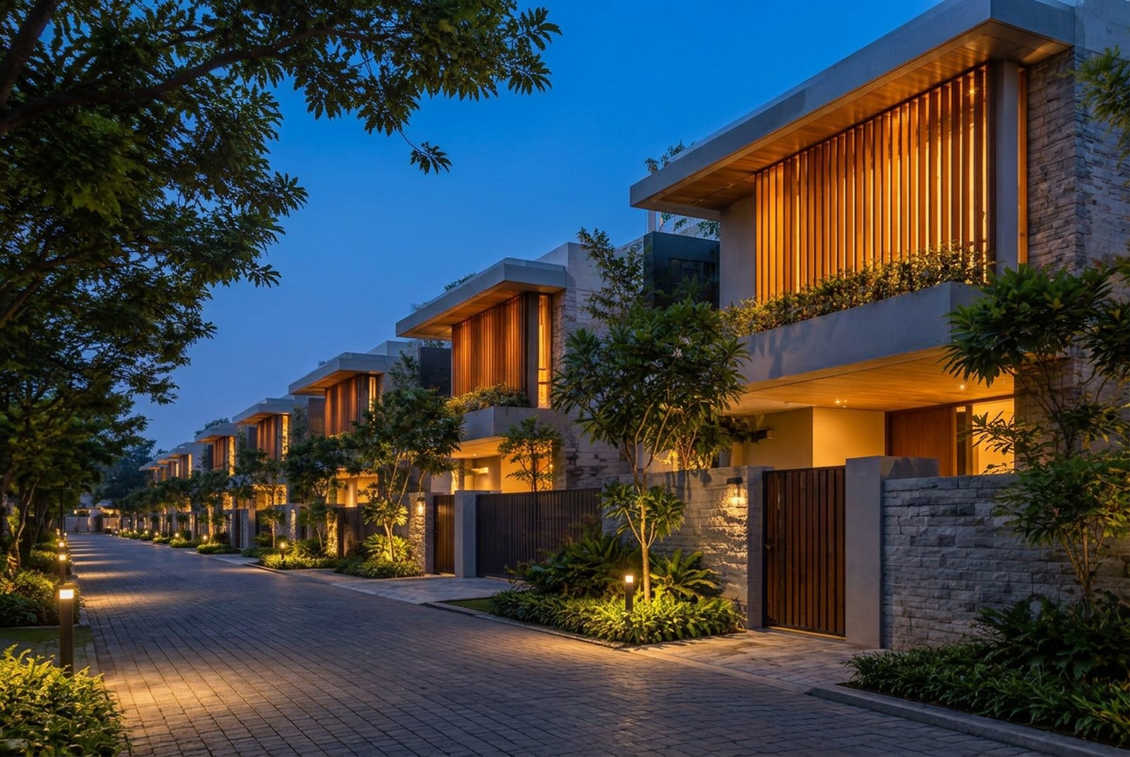 The same lane after sunset with warm light in the villa windows and garden lamps lit