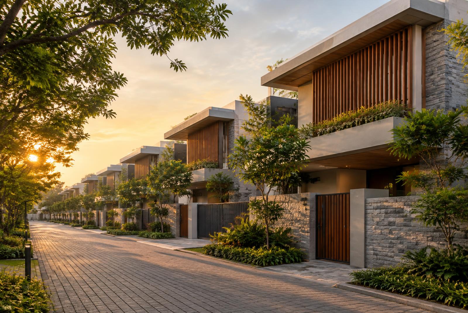 Row of modern stone and timber villas along a tree-lined lane at sunset