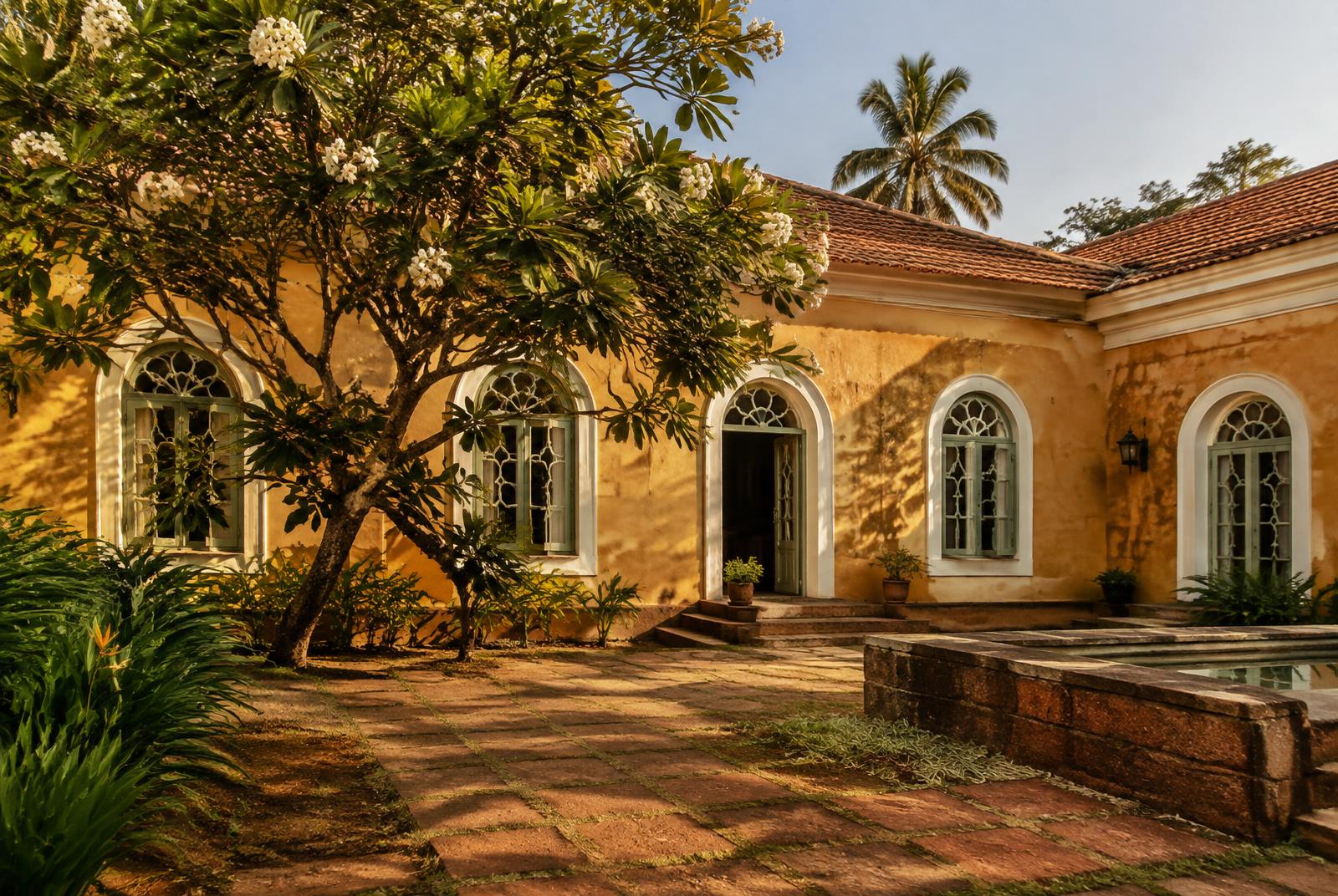 Ochre Indo-Portuguese house with arched windows behind a frangipani tree