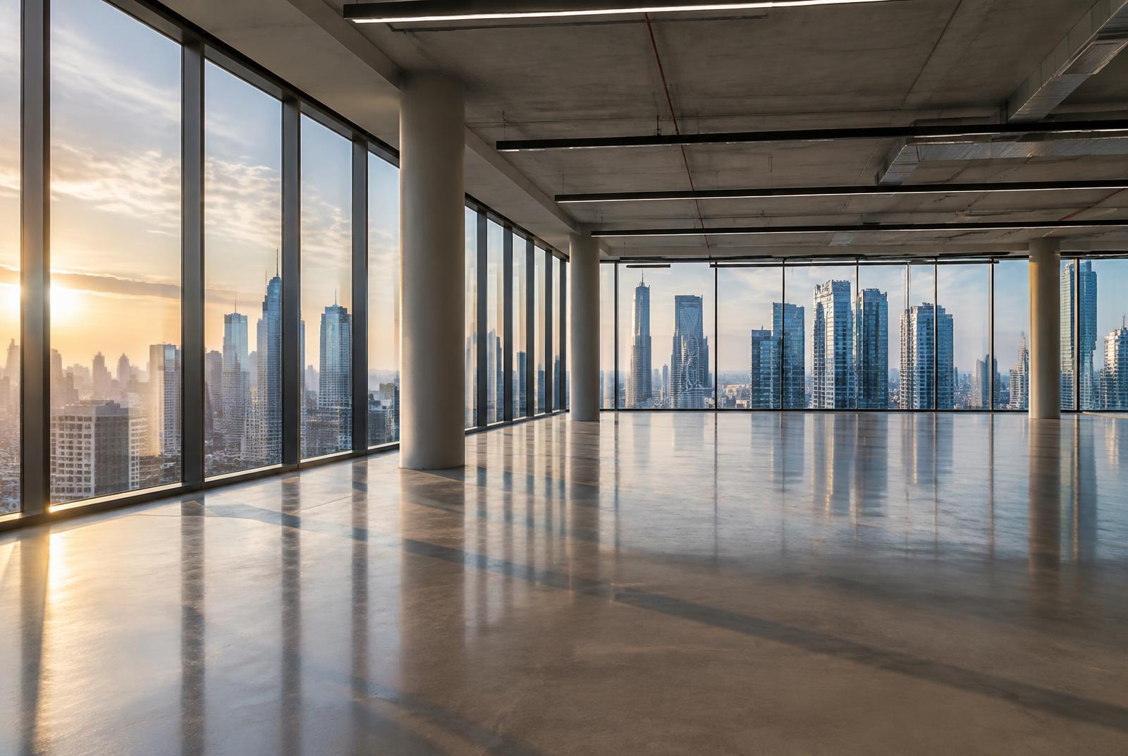 Open office floor with polished concrete and full-height glazing over city towers