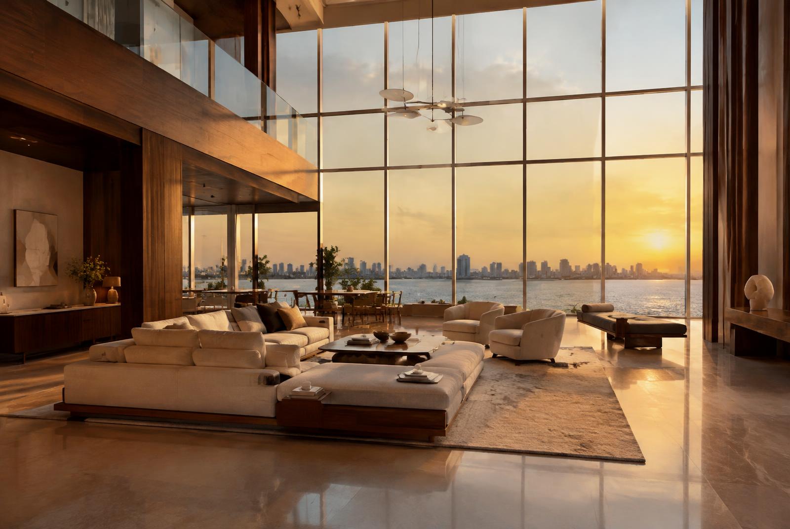 Double-height living room with a glass wall facing the sea at sunset