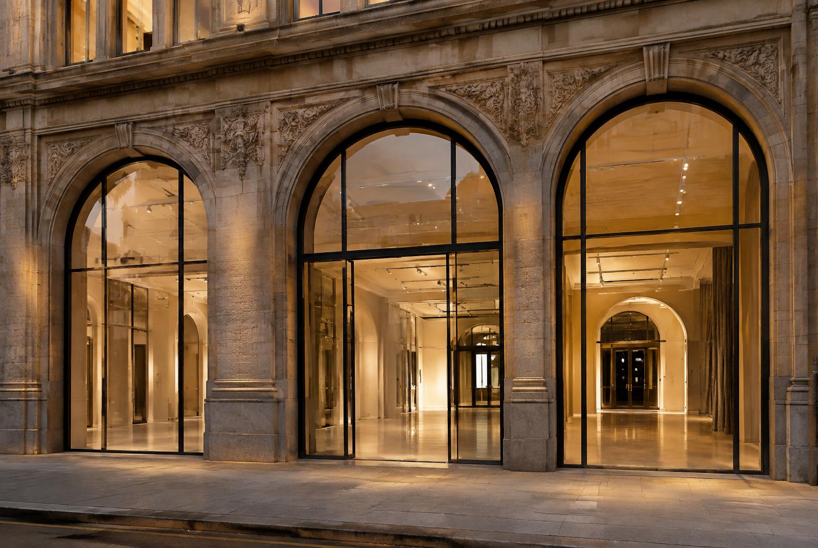Three arched glass shopfronts in a carved stone heritage building at dusk