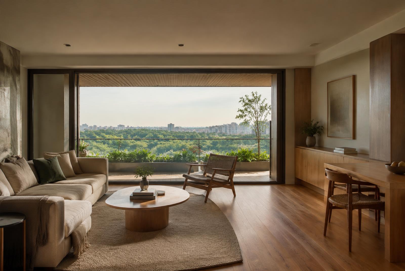 Living room with oak floors and a balcony overlooking the tree canopy
